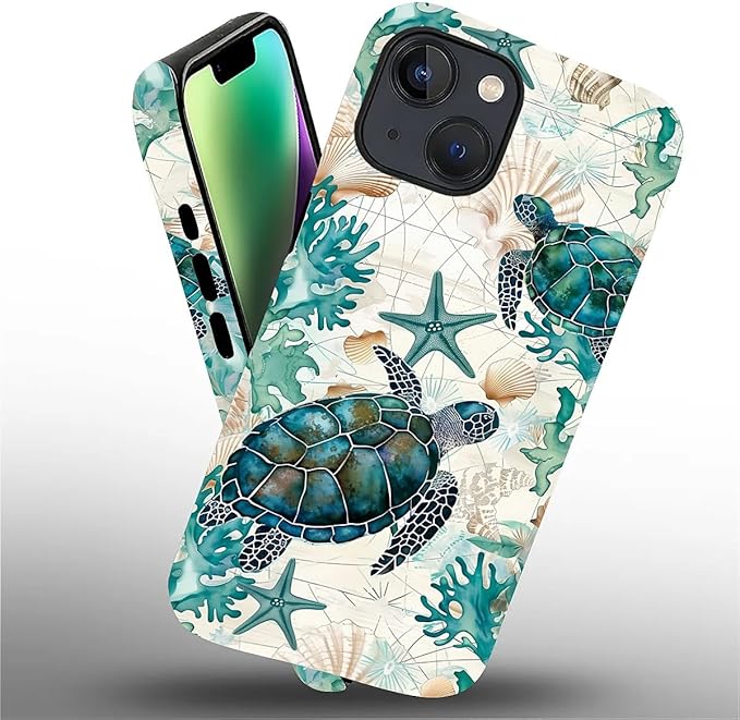 for iPhone 14 Plus Case,HH2 Ocean Sea Turtle Nautical Map Hybrid 2 Layer Hard Shell Silicone Protective Pattern Design Case