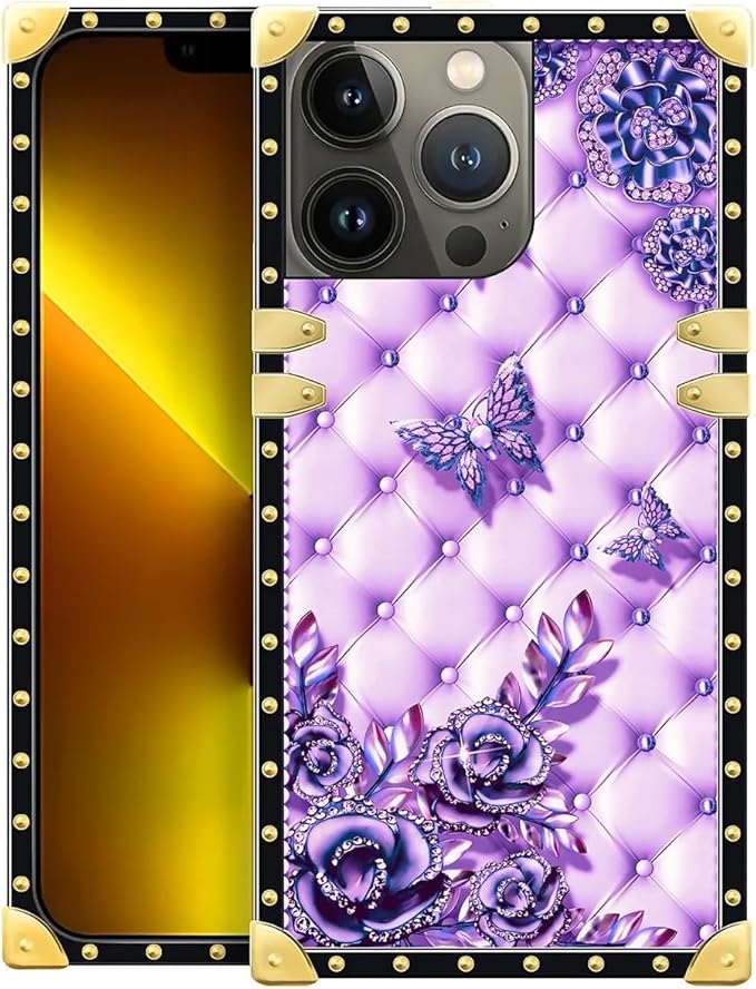 Compatible with iPhone 13 Pro Max Case, Purple Butterfly Flowers Leaf Luxury Golden Decoration for Girl Women Soft TPU Shockproof Protective Hard PC Back for iPhone 13 Pro Max