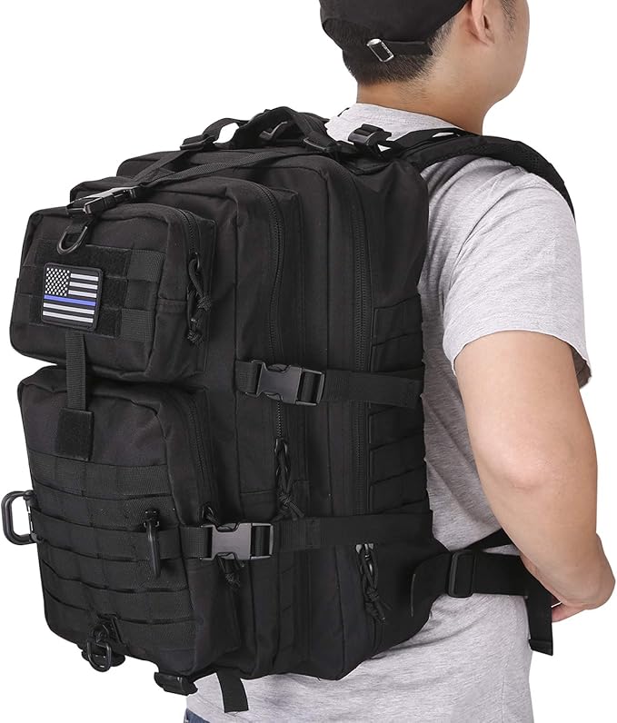 Hannibal Tactical MOLLE Assault Backpack, Tactical Backpack Military Army Camping Rucksack, 3-Day Pack Trip w/USA Flag Patch, D-Rings, Black