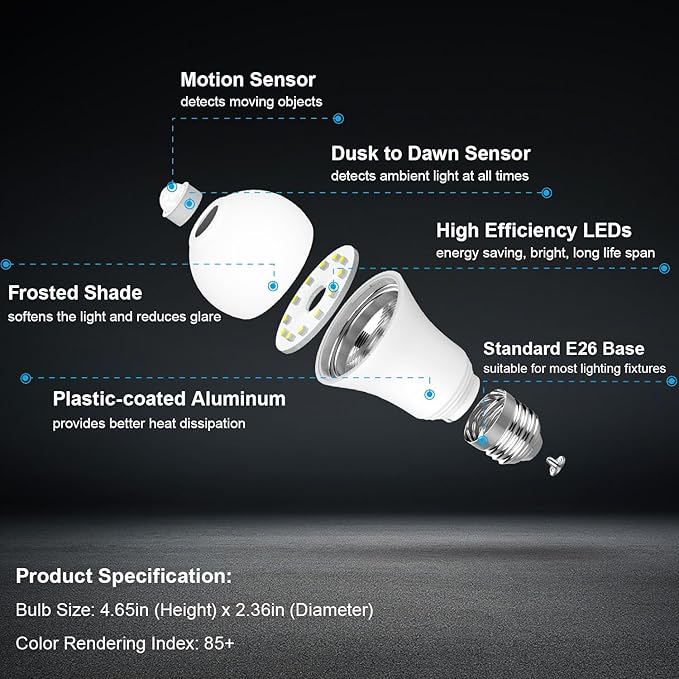 Motion Sensor Light Bulbs Dusk to Dawn 13W 100W Equivalent 1100lm Movement Activated Security LED Light Bulb 2700K Warm White, Auto On Off for Porch Garage Basement Hallway Closet, 4 Pack