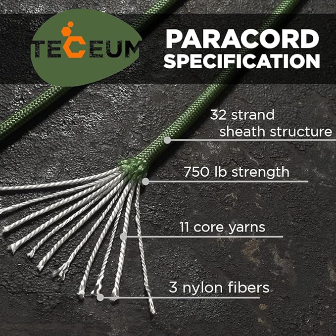 TECEUM 5/32" Paracord Rope 1000 – 1000ft / 200ft / 100ft / 50ft – Tactical Parachute Cord 4mm – 45+ Colors – Nylon String for Survival & Camping Gear – Stripe Cord for Survival – Utility Rope