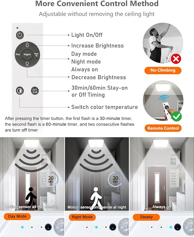 2 Pack Rechargeable Motion Sensor Ceiling Lights with Remote, Dimmable Magnetic Mount Closet Light, 7000mAh Battery Operated LED Shower Light, 3 Color Temperatures for Bathroom, Stairs, Hallway,Garage