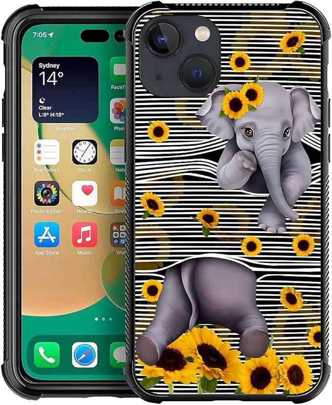 for iPhone 13 Case, Cute Little Elephant Sunflower White Line Art Pattern Graphic Design Girl Boy Soft Silicone Hard Acrylic Shock Protection for iPhone 13