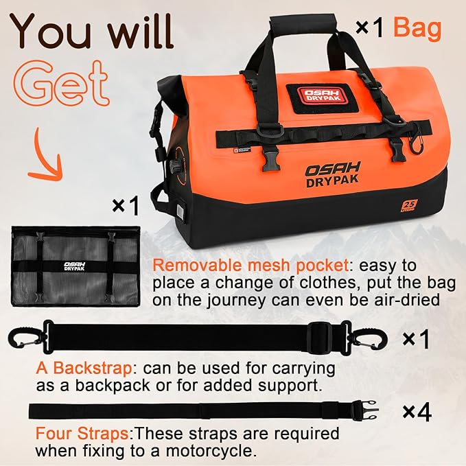 OSAH DRYPAK Waterproof Duffel Bag 25L/40L/60L – Heavy-Duty Motorcycle Tail Bag, Roll-Top Dry Bag for Travel, Camping, Boating, Kayaking, Outdoor Adventure