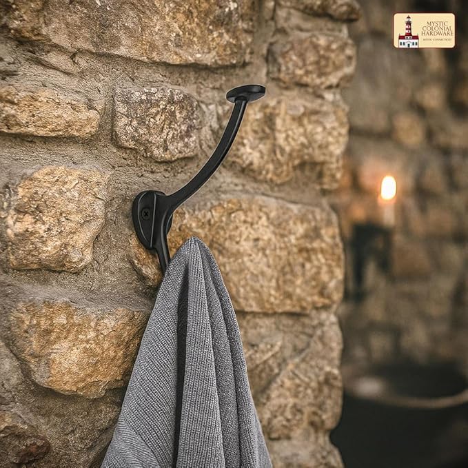 "Mystic Colonial Medieval Cast Iron Wall Hooks � Set of 2 (4 in x 3 in) Heavy Duty Dual Hooks for Coats, Hats, Keys & Bags | Rustic Black Metal Hangers | Strong, Sturdy & Decorative Wall Hardware"
