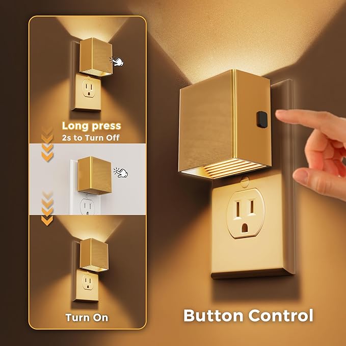 L LOHAS LED Night Light,Night Lights Plug into Wall,[2-Pack] Dimmable Night Light with Light Sensor,3000K Warm White,Gold Nightlight for Bathroom Hallway Kitchen