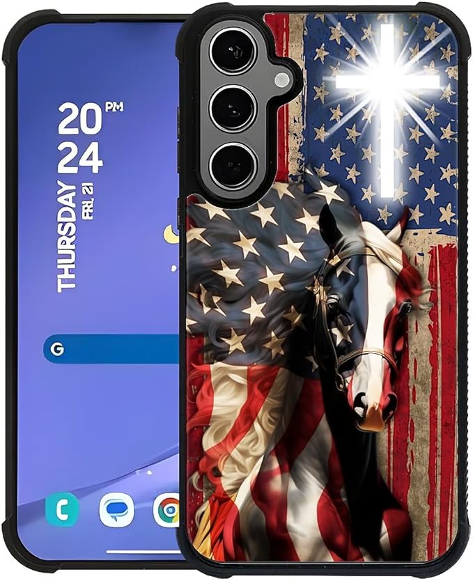 for Samsung Galaxy S24 S25 Plus Case, Red American Flag Horse Cross Pattern Graphic Design Girl Boy Soft Silicone Hard Acrylic Shock Protection for Samsung Galaxy S24 S25 Plus