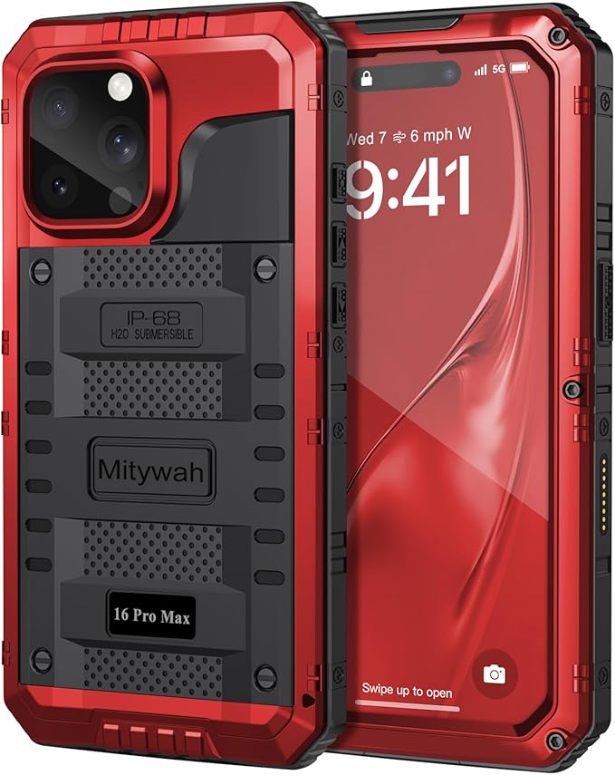 Mitywah Waterproof Case for iPhone 16 Pro Max, Heavy Duty Metal Cover with Built-in Screen Protector, Military Grade Full Body Shockproof Rugged Protective Phone Case 6.9 inch, Red