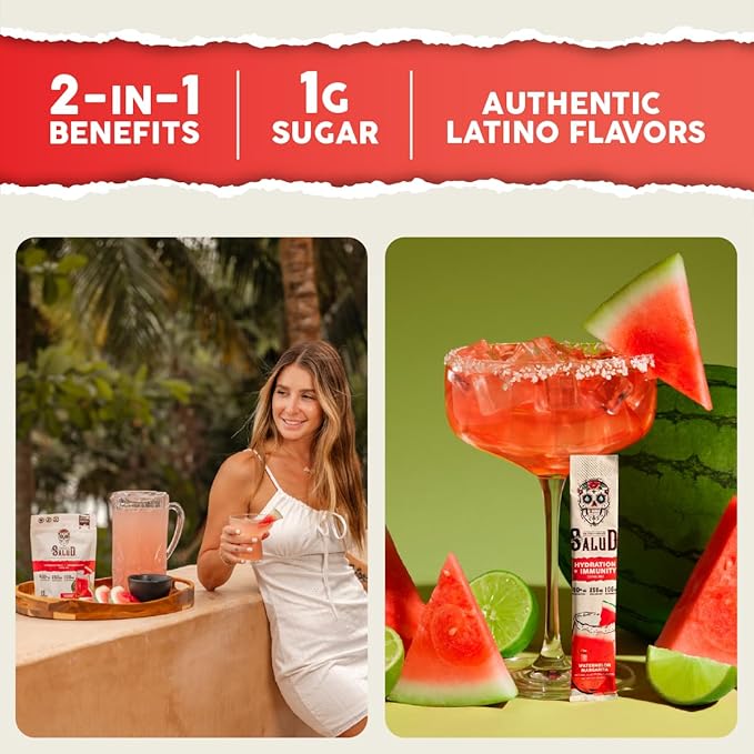 Salud 2-in-1 Hydration Packets + Immunity Electrolytes Powder, Watermelon Margarita - Agua Fresca Drink Mix, Elderberry, Dairy & Soy Free, Non-GMO, Gluten Free, Vegan, 1g Sugar (15 Servings)