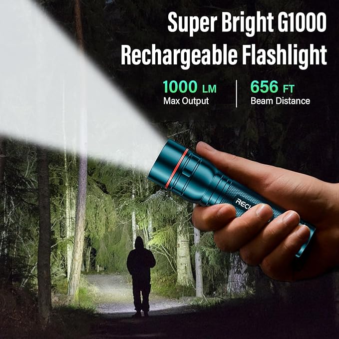 RECHOO Rechargeable Flashlight 1 Pack, Bright Military Grade Torch Light High Lumens with Adjustable Focus & 3 Lighting Modes, Lightweight Waterproof Led Flashlight for Camping Home, Teal Blue