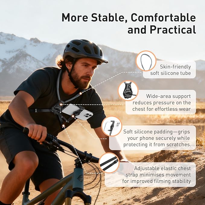 AMAZEAR Hands-Free Neck Mount for Phone & Action Camera - Adjustable Neckband Holder for iPhone, Android, POV Vlog Recording with Secure QR Magnetic Base, Elastic Anti-Shake Chest Strap