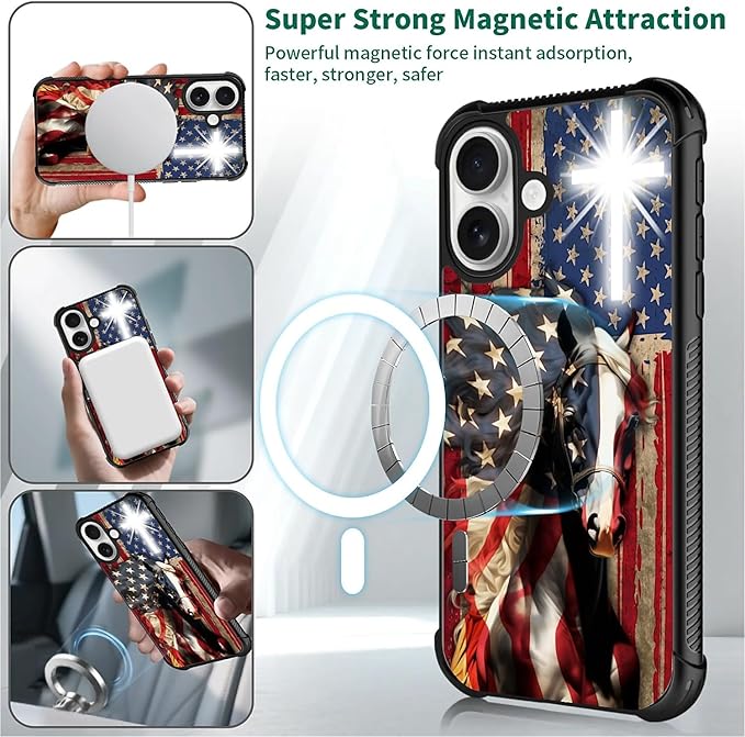 for iPhone 17 Case,for MagSafe Graphic Design for Girl Boy Soft Silicone Hard Acrylic Shock Protection Designed for iPhone 17 Red American Flag Horse Cross Pattern