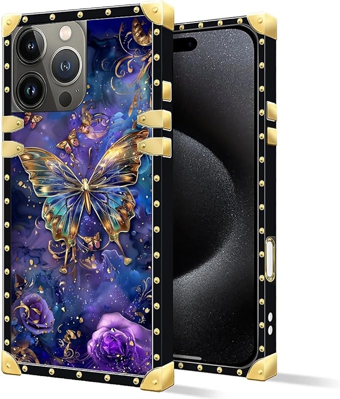 Compatible with iPhone 16 Pro Max Case, Glistening Golden Butterfly Vibrant Purple Blue Luxury Golden Decoration for Girl Women Soft TPU Shockproof Protective PC Back