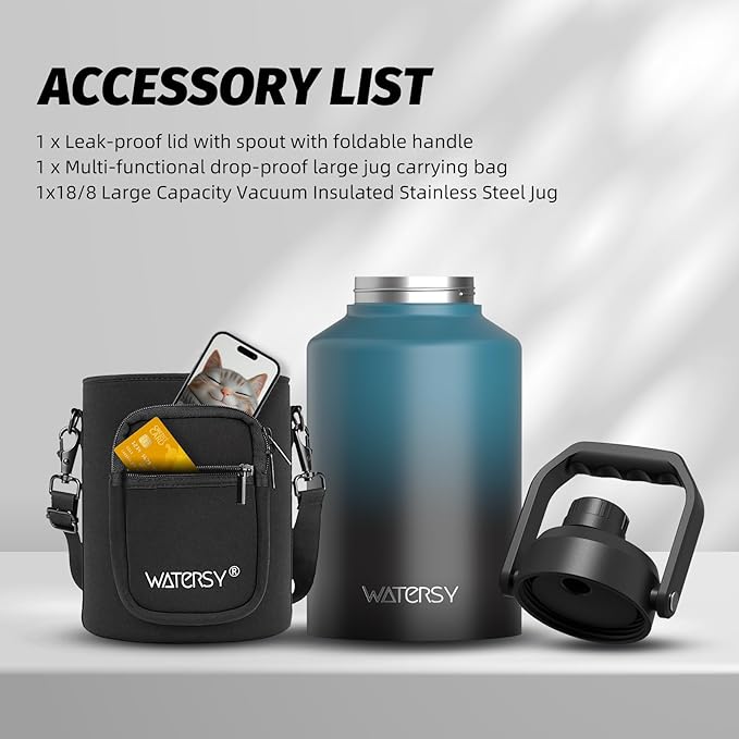WATERSY 1 Gallon Water Bottle Insulated(Cold for 48 Hrs),BPA Free&Leak Proof,128oz Stainless Steel Water Jug,Big thermo,Large Water Bottle with Handle for Gym,Hiking,Camping&Travel,Lake Blue