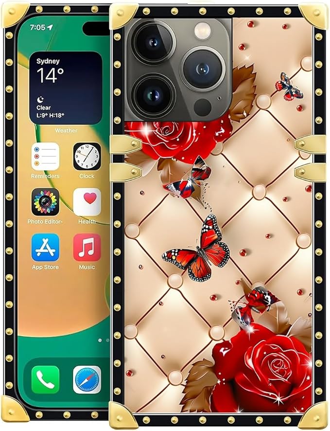 Compatible with iPhone 14 Pro Case, Shining Red Rose Butterfly Leather Background Luxury Golden Decoration for Girl Women Soft TPU Shockproof Protective Hard PC Back for iPhone 14 Pro