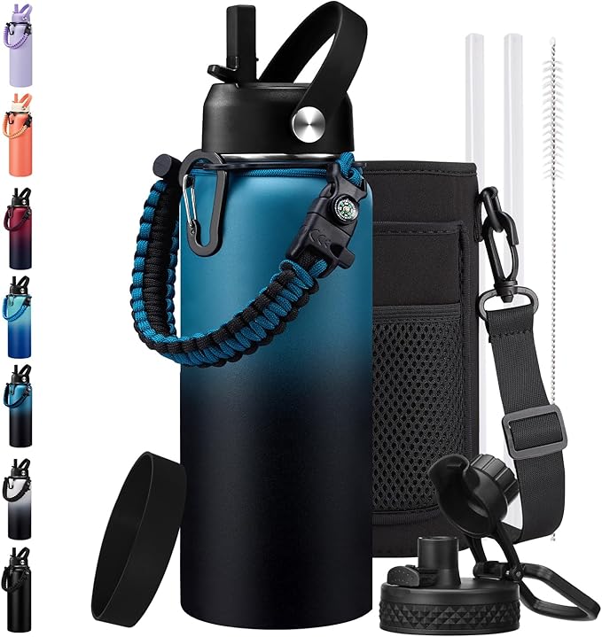 BENZZO 32/40/64/128oz Water Bottle with Straw Auto Spout Lid Keep Cold 48h, Insulated Water Bottles 32 oz with Strap Carrier, Protective Boot & Paracord Handle