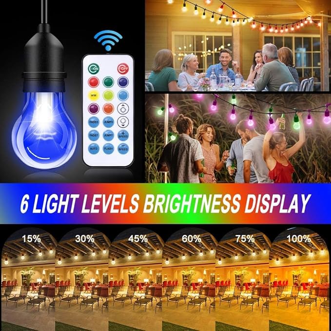144FT Outdoor String Lights with 45 RGB Color Changing E26 Bulbs - Dimmable Shatterproof Edison Patio Lights for Backyard,Solar Commercial LED Lighting with Remote Control.