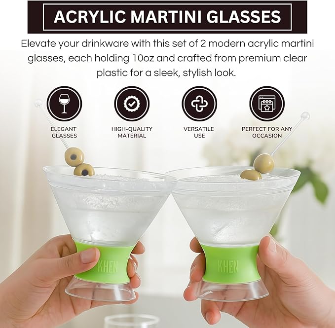Cooling Martini Glasses Set of 2 – 10oz Freezer Gel Cocktail Cups – Double Wall Insulated Shatterproof Plastic – Active Cooling Drinkware for Margaritas, Cosmopolitans, Pool Parties, Home Bar & Gift