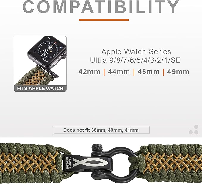 Savior Survival Gear Paracord Watch Band, Compatible with Apple Watch Band 49mm 46mm 45mm 44mm 42mm - iWatch Band Series Ultra 10 9 8 7 6 5 4 3 2 1 SE – Adjustable strap for men (Green - Khaki, Large)