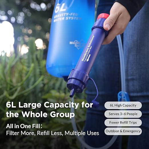 Membrane Solutions Gravity Water Filter Pro 6L, NSF/ANSI 42&372&401 Certified, 0.1 μm Versatile Water Purifier Camping with Adjustable Tree Strap Storage Bag, Survival Gear for Emergency Preparedness