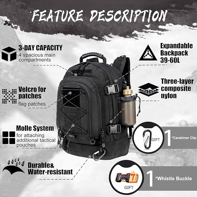 Large Military Bug Out Bag 3 Day Pack Expandable Backpack Army Daypack for Outdoor Hiking Hunting (Black)