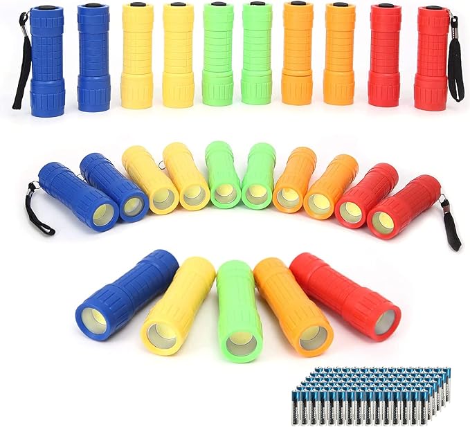 Whaply 30-Pack Small Mini Flashlight Set, 5 Colors, COB LED Handheld Flashlight with Lanyard,90-Pack AAA Battery Included for Kids/Night Reading/Party/Camping/Emergency/Hunting