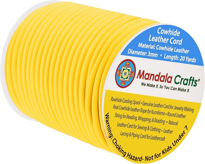 Mandala Crafts Round Genuine Yellow Leather Cord for Jewelry Making – 3mm Cowhide Leather Rope String Lace for Kumihimo – 20 Yards Cowhide Craft Cording Spool