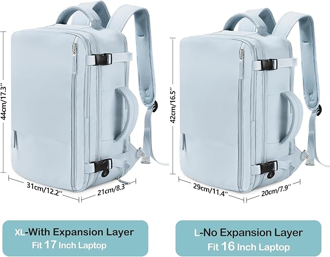 Beraliy 29L Travel Backpack Women, Airline Approved Backpack, Carry On luggage, 17.3 inch Laptop Backpack, Waterproof Business Hiking Weekend Bag, Light-blue