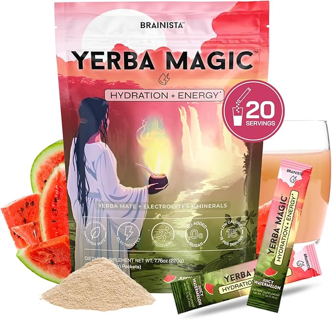 Yerba Magic Hydration + Energy - Juicy Watermelon with Electrolytes, Yerba Mate Caffeine, Sea Moss, Amino Acids & Coconut Water for Hydration, Muscle Recovery & Clean Energy - Zero Sugar (20 Stick Packs)