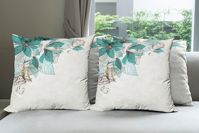 Ambesonne Turquoise Throw Pillow Cushion Case Pack of 4, Flowers Buds Leaf at The top Left Corner Season Celebrating Theme, Modern Accent Double-Sided Digital Printing, 18", Teal Brown