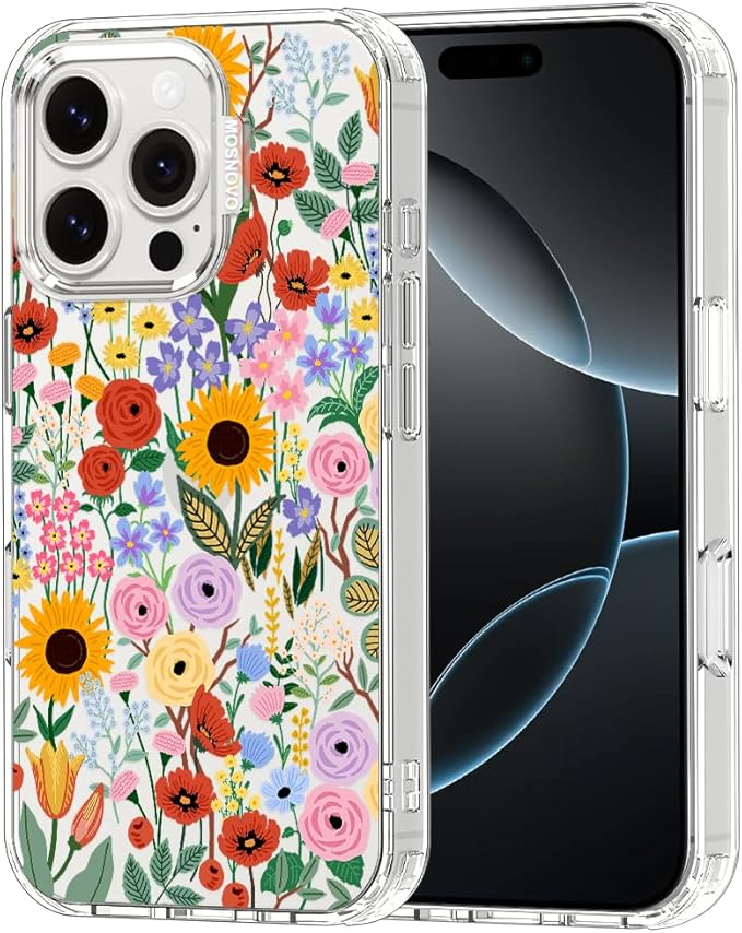 MOSNOVO Case for iPhone 16 Pro, [Buffertech 6.6ft Military-Grade Drop Protection] [Anti Peel Off Tech] Clear TPU Bumper Phone Case Cover Design - Blossom & Bloom