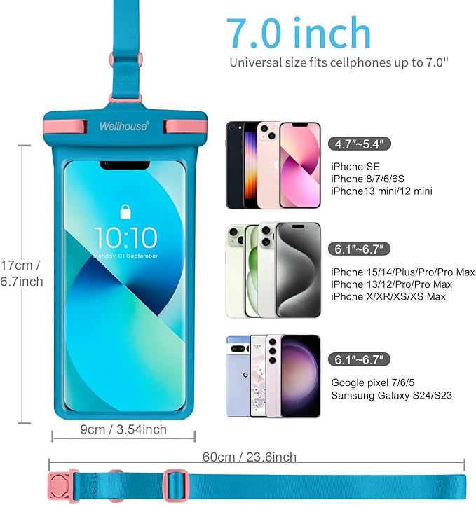 wellhouse 3D Waterproof Phone Pouch with Lanyard,Premium TPU100FT Deep Waterproof Phone Case for iPhone 17 16 15 14 13 12 Pro Max XS Samsung,Snorkeling, Surfing, Kayaking,Skiing,Hot Springs