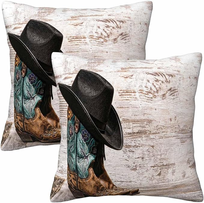 Western Cowboy Embroidered Boots Hat 18x18 Throw Pillow Covers Set of 2 American West Rodeo ATOP Fashion Leather Cushion Pillow Cases Square Outdoor Decorative Home Bed Sofa Couch Office