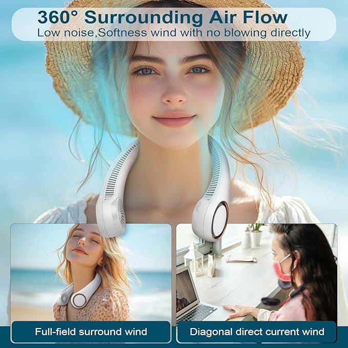 CIVPOWER Neck Fan: Portable Personal Neck Cooling Rechargeable Bladeless Fan - Hands Free 3 Speed 4000 mAh Battery USB Operated Wearable Headphone Design - Gift for Men Women Outdoor (White)