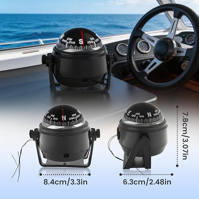 Boat Compass with Magnetic Declination Adjustment, Pivoting Marine Compass Multifunction Digital Navigation Dashboard LED Illumination & Backlight for Marine Boat Truck Car