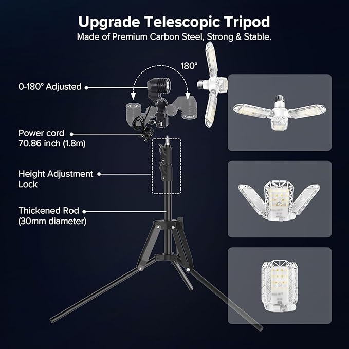 SANSI 300 Watt Equivalent LED Work Light, 3300LM 5000K Portable Camping Lights with Premium Carbon Steel Telescoping Tripod Stand, LED Work Light with Stand Adjustable 30-55 Inches