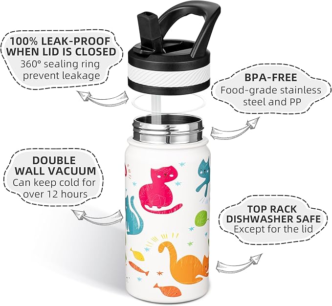 Fanhaw 14 Oz Kids Insulated Water Bottle with Straw - Stainless Steel Double Wall Vacuum Cup, Leakproof, BPA Free, Suitable for Boys and Girls(White - Cats)