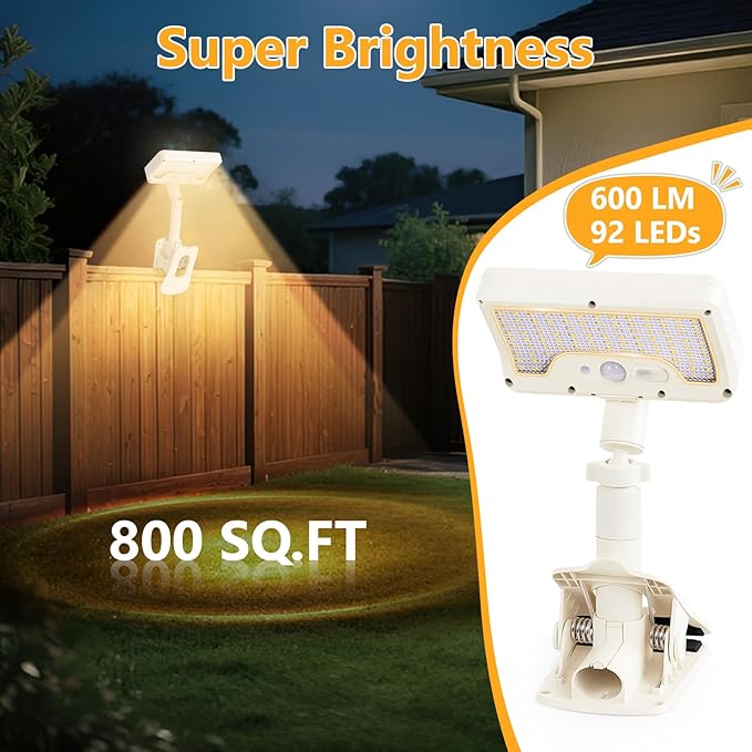 Clip On Solar Lights Outdoor with Motion Sensor, 360°Rotatable & Vertically Adjustable Solar Fence Lights with 92 LEDs (600 LM, 3000 K),IP65 Waterproof Security Light for Deck, Gutter（White, 2 Pack）