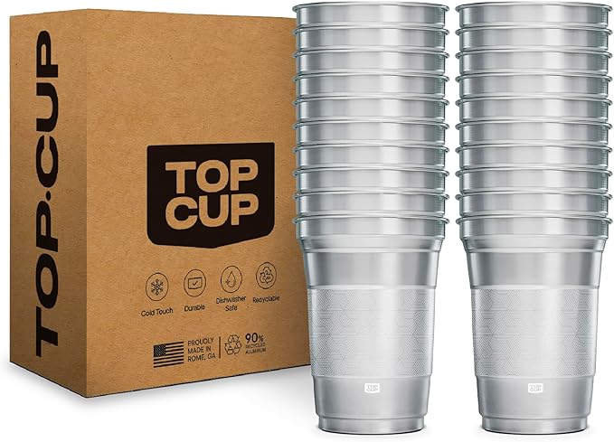 Top Cup – 16 Ounce, 20 Count, Reusable Aluminum Party Cups | Stealth Design | Cold-Holding, Recyclable, Made in USA