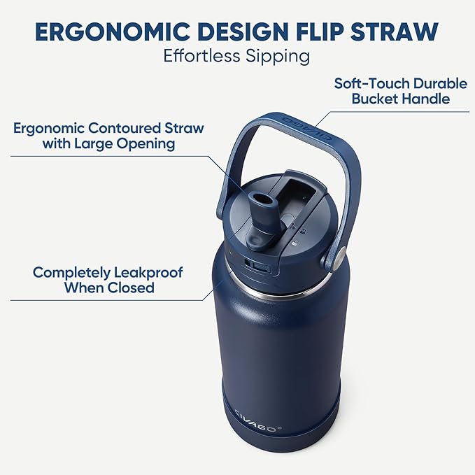 CIVAGO 40 oz Insulated Stainless Steel Water Bottle with Detachable Straw, Large Metal Water Jug with Bucket Handle, Leakproof Sports Water Flask with Silicone Boot, Dishwasher Safe, Indigo Black