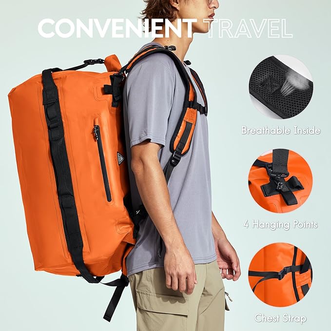 Haimont Large Waterproof Duffel Backpack Roll-Top Heavy Duty Dry Duffle Bag for Boating, Travel, Motorcycle, Kayaking, Camping, 60L