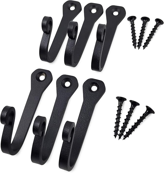 Heavy Duty Cast Iron Wall Hooks – Multi-Purpose hangers for Cast Iron Pots & Pans, Mugs, Towels, Coats, Hats, fireplace, Entryway & More – Rustic Farmhouse Craftsman Décor – Matte Black (6 Pack)