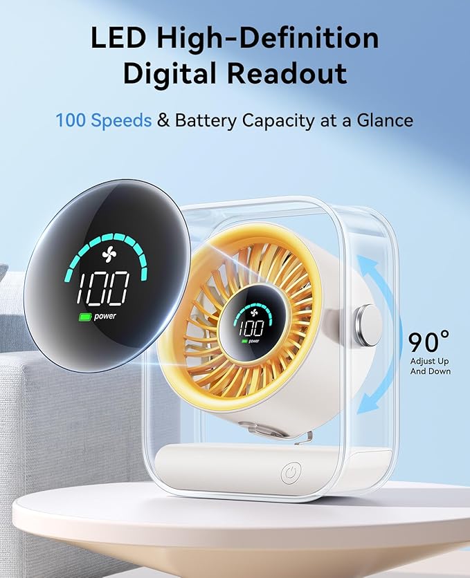 DIGIX Portable Desk Fan for Bedroom, Rechargeable Small Table Fan with 100 Speeds, 90° Rotation, Turbo Airflow, LED Display, Quiet Personal USB Cooling Fan for Office Home Travel Camping, Yellow