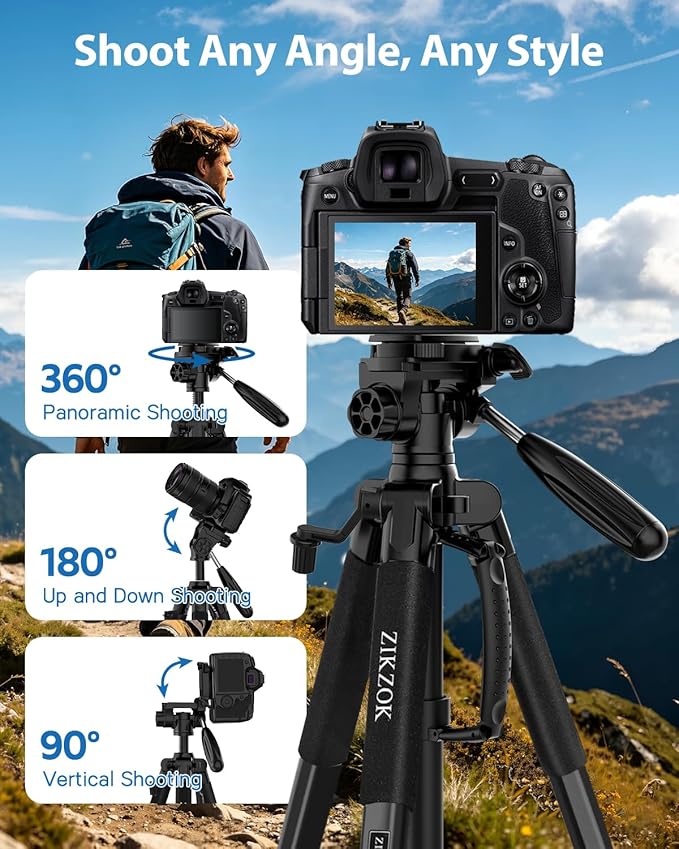 75" Camera Tripod, Aluminum Heavy Duty Camera Stand for ipad Phone, Travel Tripod with/Carry Bag/Phone Tablet Holder, Compatible with Canon Nikon Sony DSLR, Spotting Scopes, Max Load 15 Lb(Black)