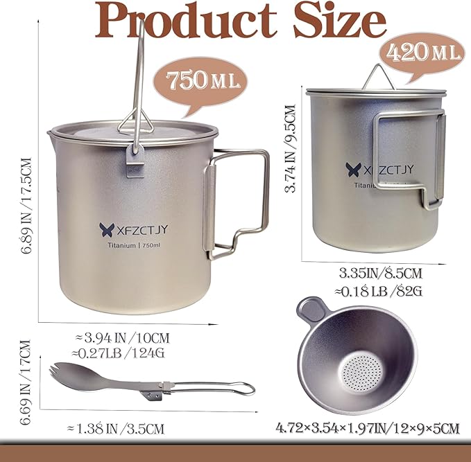 750ml/420ml Ultralight Titanium Pot Coffee Tea Mug Combo With Lid Spork,Tea Infuser, Nestable Camping Set With Foldable Handle For Backpacking, Hiking Mountaineering