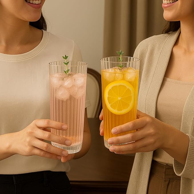 Khen Plastic Acrylic Ribbed Drinking Glasses – Set of 2 Clear 11.8oz Tritan Tumblers, European Style Shatterproof Drinkware – Durable, BPA-Free, Dishwasher Safe, Stackable & Unbreakable Plastic Cups