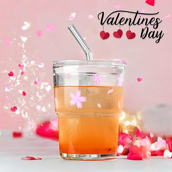 Iced Coffee Cup, 15Oz/450ml Glass Cups With Lids And Straws, Iced Coffee Glasses Tumbler, Thick Wall Mug For Tea Water With Glass Straw, Coffee Cute Tumbler Gifts (Pink)