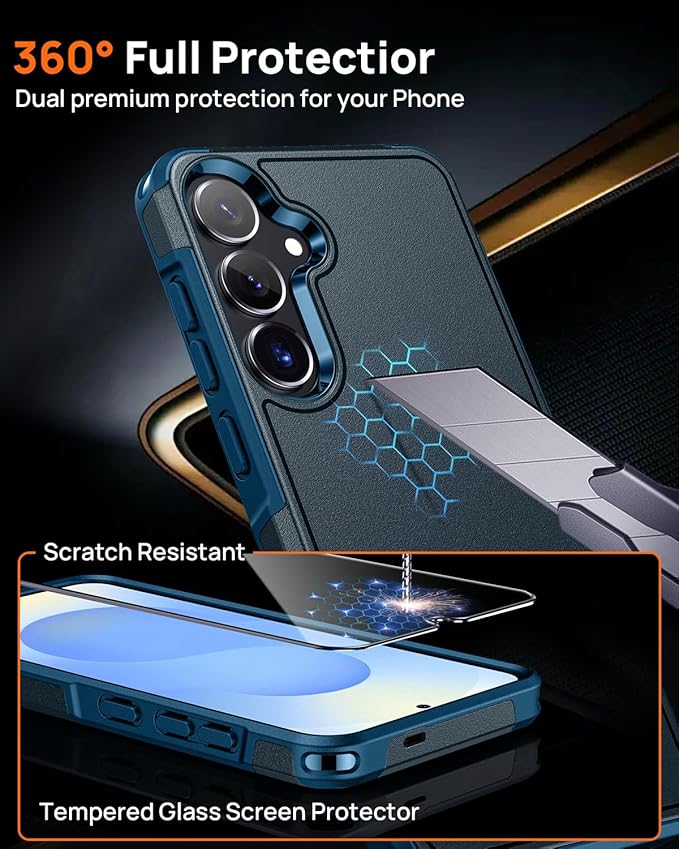 Lanhiem for Samsung Galaxy S25 S24 Phone Case with Tempered Glass Screen Protector, Shock Absorption, Anti-Scratch Shockproof Case Cover for Samsung S25 S24, Navy Blue