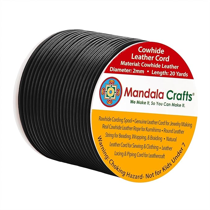 Mandala Crafts Round Cowhide Genuine Black Leather Cord for Jewelry Making Kumihimo Leather Rope Spool - Black String Lace - 20 Yds 2mm Cording