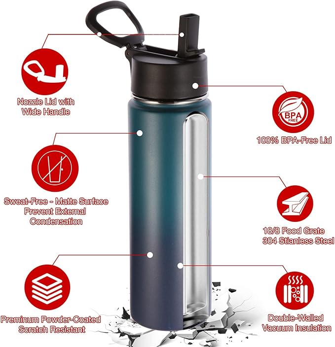 Volhoply 24oz Insulated Water Bottle With Straw Bulk 6 Pack,Metal Wide Mouth Water Bottles With Handle Keep Cold,Reusable Double Wall Cups,Powder Coated Sport Bottle For Holder(Assorted,6 Count)